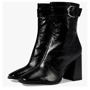 Nine West Tartess Black Boot Leather Size 8 Lightly Worn Square Toe Strap Detail